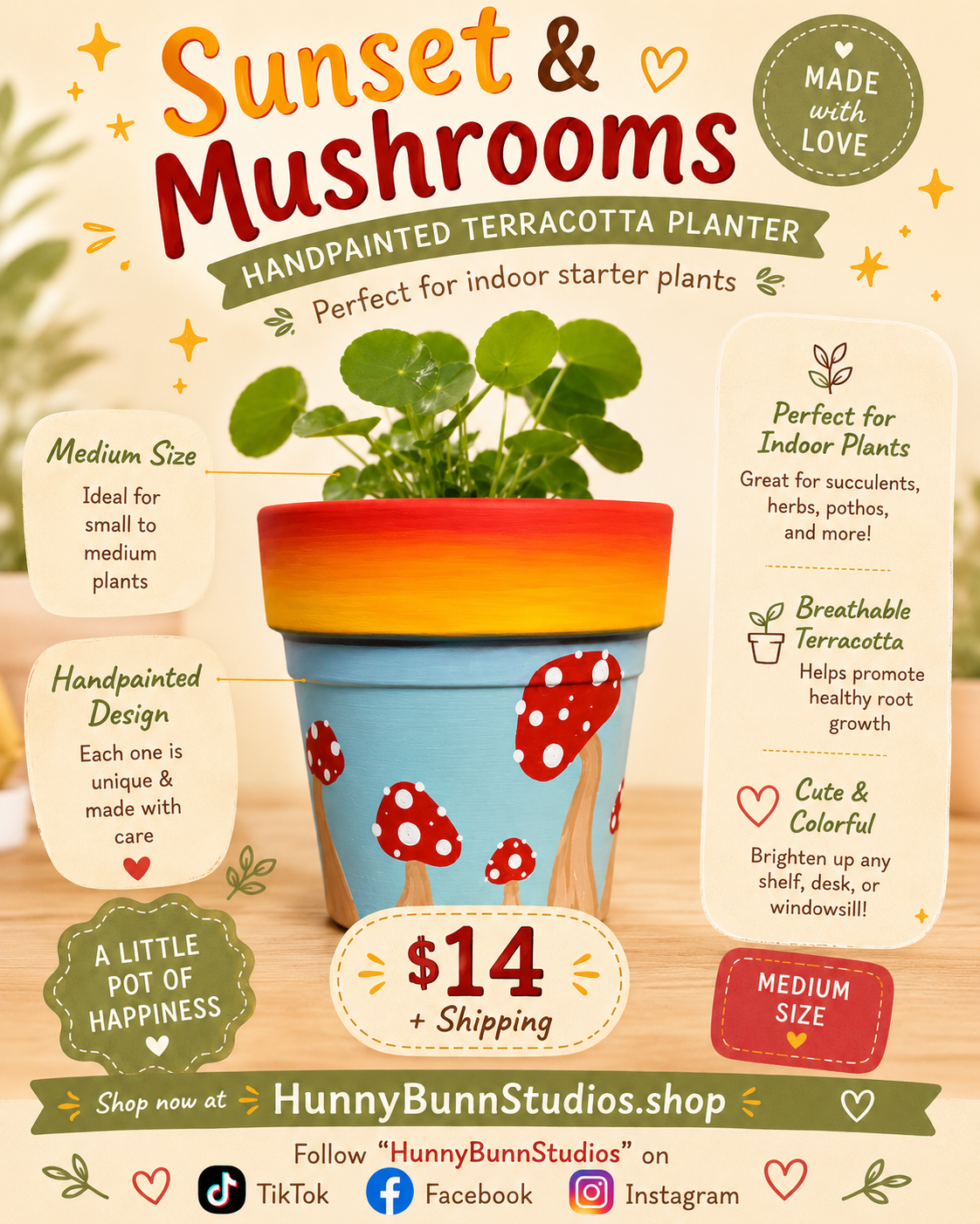 Sunset & Mushroom Hand painted Medium Terracotta Pot