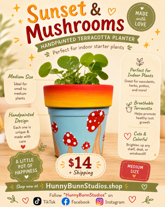 Sunset & Mushroom Hand painted Medium Terracotta Pot
