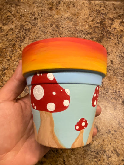 Sunset & Mushroom Hand painted Medium Terracotta Pot